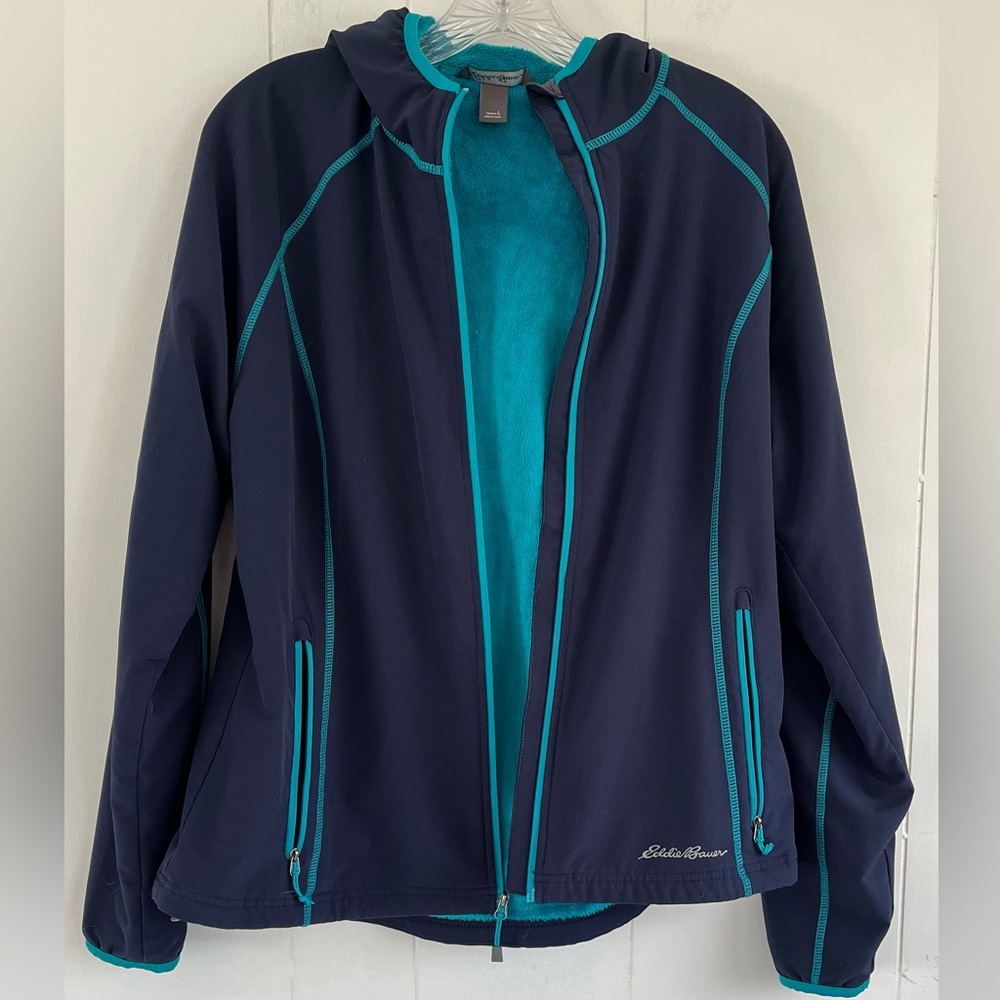 Eddie Bauer Navy Teal Hooded Furry inside Jacket Coat Size Large